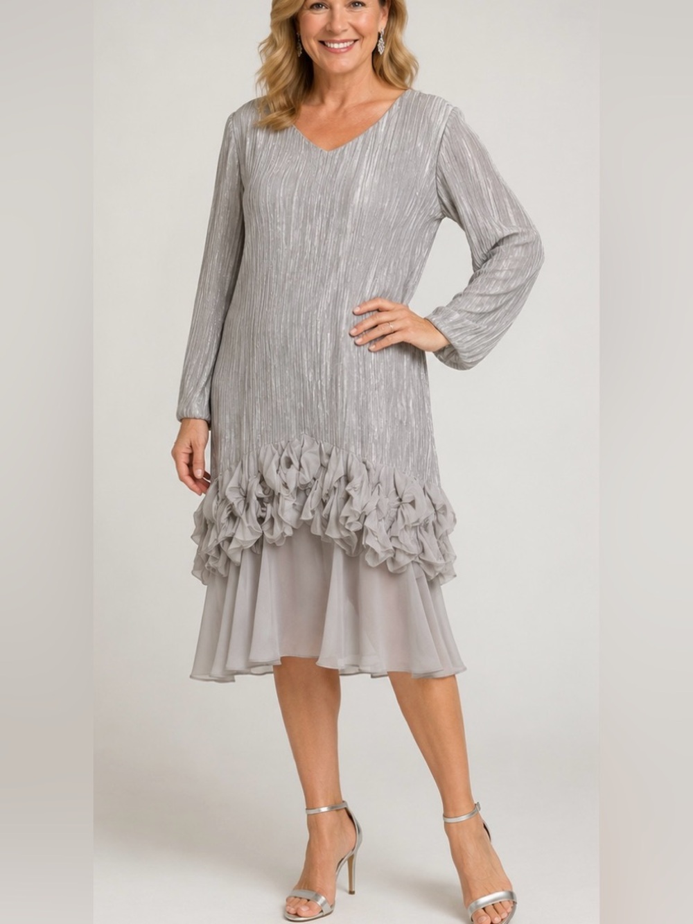 Vintage PIERRE LABICHE Paris - New York Light Gray Ruffle Dress Size 14.